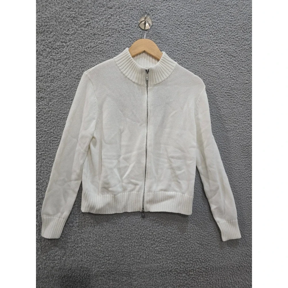 Patriotic White Cotton Full Zip American Flag Mock Neck Sweater Cardigan Medium - Picture 2 of 7